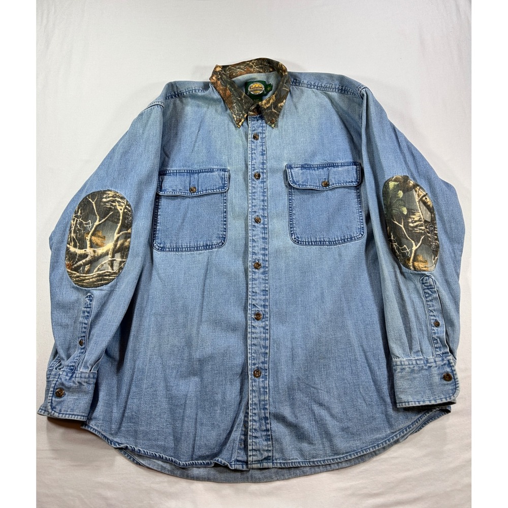 Cabelas Mens Large Blue Denim Camo Collar Elbow Patch Button Down Shirt 90-3169
